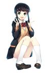  :d black_hair blazer blue_eyes bow bowtie cardigan character_request copyright_request double_v eyebrows_visible_through_hair flat_chest full_body highres jacket kneehighs loafers looking_at_viewer open_mouth pigeon-toed round_teeth school_uniform shoes sidelocks simple_background sitting skirt smile socks solo split_ponytail teeth upper_teeth v weee_(raemz) white_background white_legwear 