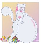  anthro areola belly big_belly big_breasts bittersweet_candy_bowl bow breasts cat dawnvula egg feline female fur huge_breasts inflation lucy_(bcb) mammal nipples nude oviposition simple_background teenager webcomic white_fur young 