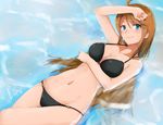  ahoge bikini black_bikini blue_eyes breasts brown_hair groin highres idolmaster idolmaster_million_live! long_hair looking_at_viewer lying medium_breasts o-ring o-ring_bikini o-ring_bottom partially_submerged raidensan smile solo swimsuit tokoro_megumi water 