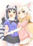  :3 :d animal_ears black_gloves black_hair black_ribbon black_skirt blonde_hair blue_shirt blush breast_pocket brown_eyes claw_pose closed_mouth common_raccoon_(kemono_friends) cowboy_shot dokka_no_kuni_no_kokuou dot_nose extra_ears eyebrows_visible_through_hair fang fennec_(kemono_friends) fox_ears fox_tail fur_collar fur_trim gloves grey_gloves grey_hair grey_legwear hands_up hug kemono_friends looking_at_viewer medium_hair multicolored multicolored_background multicolored_clothes multicolored_gloves multiple_girls neck_ribbon open_mouth pantyhose pink_background pink_sweater pleated_skirt pocket puffy_short_sleeves puffy_sleeves raccoon_ears raccoon_tail ribbon shiny shiny_skin shirt short_hair short_sleeve_sweater short_sleeves skirt smile striped_tail sweater tail two-tone_background v v-shaped_eyebrows waist_hug white_background white_hair white_skirt yellow_gloves yellow_legwear yellow_ribbon 
