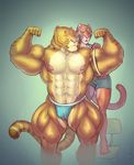  2013 abs anthro areola asian_golden_cat bulge clothed clothing eyes_closed feline female flexing green_eyes herc_the_liger hybrid hyper hyper_muscles jockstrap keri_(character) larger_male liger lion mainlion male mammal measuring muscular nipples partially_clothed size_difference smaller_female smile thick_thighs tiger underwear 