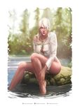  barefoot breasts ciri feet freckles green_eyes jewelry krystopher_decker legs lips necklace panties river shirt the_witcher the_witcher_3 underwear white_hair white_panties white_shirt white_underwear 