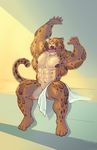  2013 abs anthro areola bedding benji_(character) blanket clouded_leopard ear_piercing eyes_closed feline hyper hyper_muscles mainlion male mammal muscular muscular_male nipples nude open_mouth piercing solo tattoo tongue waking_up yawn 