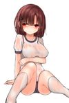  breasts brown_hair buruma character_request closed_mouth commentary_request eyebrows_visible_through_hair gym_uniform hair_ornament hairband hand_on_own_chest kneehighs large_breasts looking_away mizushina_minato no_bra red_eyes school_uniform shirt short_hair short_sleeves simple_background sitting solo underwear wet wet_clothes wet_shirt white_background white_legwear 