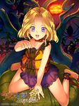  ankle_garter barefoot bat blonde_hair blue_eyes bow bug choker copyright_name glowing glowing_eyes halloween iris_chateaubriand jack-o'-lantern lantern official_art paper_lantern pumpkin pumpkin_choker purple_bow sakura_taisen sitting solo spider tree wariza yuasa_tsugumi 