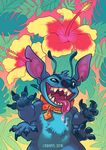  2016 4_arms 4_fingers alien antennae back_spines blue_claws blue_eyes blue_fur blue_nose chest_tuft claws collar crazed disney doirn_(artist) drooling experiment_(species) fangs flower fur gradient_background head_tuft hi_res hibiscus lilo_and_stitch looking_at_viewer multi_arm multi_limb notched_ear plant saliva simple_background solo stitch tropical tuft 