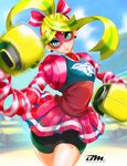  1girl absurdres arms_(game) artist_name blonde_hair boxing_gloves curvy domino_mask female highres looking_at_viewer mask nintendo ponytail ribbon_girl shorts skirt smile solo two-tone_hair walking 