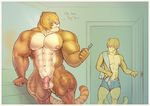  2013 abs anthro areola balls bathroom boxers_(clothing) brothers bulge clothing dialogue feline flaccid hybrid hyper hyper_muscles larger_male liger lion mainlion male mammal markings muscular muscular_male nipples pecs penis pubes sibling size_difference smaller_male text thick_thighs tiger toothbrush underwear 