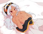  1girl blue_hair dark_skin facial_mark female jpeg_artifacts long_hair lying nezumi_inu nipples on_back on_bed red_eyes small_breasts smile solo topless 