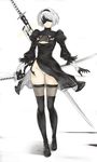  black_dress black_footwear black_hairband blindfold boots breasts cleavage cleavage_cutout dress full_body hairband highres holding holding_sword holding_weapon leotard long_sleeves medium_breasts mole mole_under_mouth nier_(series) nier_automata rei_kun short_hair smile solo standing sword thigh_boots thighhighs thighhighs_under_boots weapon white_hair white_leotard yorha_no._2_type_b 