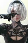  absurdres black_hairband blindfold blindfold_down blindfold_slip bob_cut breasts cleavage cleavage_cutout commentary derivative_work geminiliuyouchang gloves grey_eyes hair_over_one_eye hairband highres large_breasts lips looking_at_viewer nier_(series) nier_automata no_mole one_eye_covered photo-referenced short_hair simple_background solo upper_body yorha_no._2_type_b 