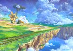  bench cloud colorful commentary day fantasy fence field floating_island flower grass house kaitan lamppost landscape no_humans original plant railroad_tracks ruins scenery sky train_station vines windmill 