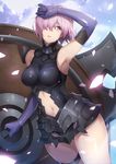  armor armpits bare_shoulders black_armor black_leotard black_skirt blue_sky breasts commentary_request cowboy_shot day dutch_angle elbow_gloves fate_(series) glint gloves glowing hand_on_head highres holding_shield kiyo_(chaoschyan) legs_together leotard mash_kyrielight medium_breasts navel navel_cutout outdoors pink_hair purple_eyes purple_gloves shield shiny shiny_skin short_hair skirt sky solo standing stomach thigh_strap underbust 