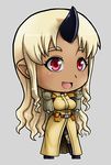  1girl :d belt blonde_hair breasts chibi dark_skin fang gloves henpendrips horn jacket large_breasts long_hair looking_at_viewer monster_girl monster_musume_no_iru_nichijou ogre pointy_ears red_eyes smile solo tionishia very_long_hair 