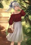  1girl bag baggy_clothes bangs bare_shoulders blue_ribbon blush breasts casual collarbone commentary_request day fate/grand_order fate_(series) floating_hair grey_hair hair_between_eyes hair_ribbon hand_up handbag highres long_hair long_sleeves looking_at_viewer mashu_003 medium_breasts off-shoulder_shirt off_shoulder open_mouth outdoors ponytail red_eyes red_shirt ribbon shirt sidelocks skirt smile solo standing tomoe_gozen_(fate/grand_order) white_skirt wind 