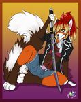  anthro breasts clothed clothing female looking_at_viewer mammal melee_weapon pangurban91 red_panda sitting smile solo sword weapon 