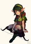  alternate_costume blue_eyes boots bow cape capelet corset dress flower full_body green_hair hair_flower hair_ornament looking_to_the_side luisa_rafidi pointy_ears rose saria short_hair short_sleeves simple_background sitting smile solo the_legend_of_zelda the_legend_of_zelda:_ocarina_of_time white_background white_flower white_rose 