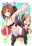  adapted_costume ahoge armpits bikini blush breasts brown_hair closed_mouth commentary_request eyebrows_visible_through_hair grin hairband kantai_collection long_hair medium_breasts multiple_girls murasame_(kantai_collection) navel one_eye_closed outstretched_arm parted_lips pointing red_hairband shinonome_haru shiratsuyu_(kantai_collection) short_hair shorts sidelocks small_breasts smile swimsuit twintails white_shorts 