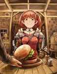  armor between_breasts breasts commentary fantasy food fork gloves hamburger knife kurio looking_down original pauldrons red_eyes red_hair short_hair smile solo_focus strap_cleavage table tavern 