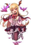  bat black_legwear blonde_hair capelet commentary_request fang frilled_skirt frills granblue_fantasy head_wings hibimegane highres jumping long_hair open_mouth pantyhose petticoat pointy_ears red_eyes shingeki_no_bahamut skirt solo underskirt vampire vampy 