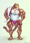  2012 anthro areola benji_(character) beverage bulge clothing clouded_leopard exercise eyes_closed feline hyper hyper_muscles jockstrap mainlion male mammal muscular muscular_male nipples shirt smile sweat tank_top towel underwear workout 