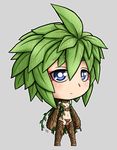  1girl blue_eyes chibi dryad expressionless facial_mark full_body green_hair hair_between_eyes henpendrips kii_(monster_musume) leaf leaf_on_head long_hair looking_at_viewer monster_girl monster_musume_no_iru_nichijou navel plant_girl small_breasts solo vines 