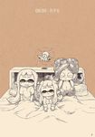  alarm_clock bed bed_sheet breasts clock commentary_request domino_mask hybrid inkling large_breasts long_hair mask messy_hair multiple_girls octarian octoling pajamas saliva splatoon_(series) takozonesu tentacle_hair time waking_up yuta_agc 