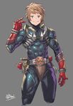  abs belt brown_hair cowboy_shot drum_master_(granblue_fantasy) drumsticks gloves gran_(granblue_fantasy) granblue_fantasy grey_background highres kamen_rider kamen_rider_hibiki kamen_rider_hibiki_(series) male_focus obui red_gloves signature simple_background skin_tight smile solo taiko_sticks trait_connection vee_(granblue_fantasy) 