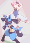  bad_id bad_pixiv_id bandaid bandaid_on_nose blue_gloves blush commentary_request fingerless_gloves gen_4_pokemon gloves highres looking_at_viewer looking_away lucario okayparium open_mouth pink_eyes pink_hair pokemon pokemon_(creature) pokemon_(game) red_eyes short_hair sleeveless sumomo_(pokemon) 