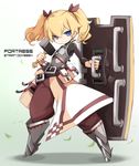  armor belt blonde_hair blue_eyes boots fortress_(sekaiju) greaves hammer highres karukan_(monjya) pouch sekaiju_no_meikyuu sekaiju_no_meikyuu_4 shield short_hair smile solo twintails weapon 