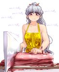  alternate_costume apron bangs bare_arms bare_shoulders blood bloody_clothes bloody_hair blush breasts cannibalism closed_mouth clothes_writing collarbone commentary cutting earrings engrish eyebrows_visible_through_hair food foreshortening frown hair_ribbon hatchet hater_(hatater) heart highres jewelry knife long_hair meat medium_breasts naked_apron nose_hatchet orange_ribbon ponytail ranguage red_eyes reflection ribbon sakata_nemuno sideboob silver_hair simple_background solo stud_earrings tareme teardrop tearing_up text_focus thick_eyebrows touhou upper_body very_long_hair white_background yandere yellow_apron 