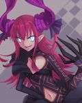  1girl blue_eyes breasts dress fate/extella fate/extra_ccc fate_(series) horns lancer_(fate/extra_ccc) long_hair navel open_mouth pink_hair pointy_ears 