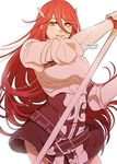  armor darkgreyclouds fire_emblem fire_emblem:_kakusei fire_emblem_heroes gauntlets gloves hair_ornament long_hair looking_at_viewer polearm red_eyes red_hair smile solo tiamo very_long_hair weapon 