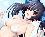  bikini black_hair blush breasts cleavage cloud collarbone dutch_angle hair_ribbon iwasi-r long_hair looking_at_viewer medium_breasts neptune_(series) noire open_mouth outdoors red_eyes ribbon shiny shiny_hair shiny_skin sky smile swimsuit towel twintails upper_body white_bikini 