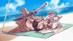  5_fingers anthro beach bikini breasts canine clothing day detailed_background eyelashes eyewear female fruitbloodmilkshake fur grey_fur hair holding_object holding_weapon inner_ear_fluff lying mammal melee_weapon midriff navel pink_eyes seaside sky smile solo sunglasses swimsuit sword water weapon white_hair 