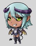  1girl black_sclera blue_hair chibi dark_skin facial_mark flat_chest full_body grin henpendrips hoodie horn lilith_(monster_musume) long_sleeves looking_at_viewer monster_girl monster_musume_no_iru_nichijou petite pointy_ears shoes short_shorts slit_pupils solo succubus tail teeth thighhighs wings yellow_eyes 