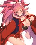  amputee baiken bikini blush breasts cleavage guilty_gear guilty_gear_xrd japanese_clothes kimono large_breasts long_hair one-eyed open_clothes oro_(sumakaita) pink_eyes pink_hair ponytail scar scar_across_eye solo swimsuit tattoo 