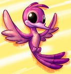  2016 2_toes alien antennae avian bassywolfeh bird black_eyes digital_media_(artwork) disney experiment_(species) feathers hunkahunka lilo_and_stitch looking_at_viewer no_sclera pink_beak pink_feathers purple_feathers simple_background smile solo toes yellow_background 