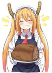  ^_^ artist_name bangs blush closed_eyes commentary_request dated dragon_tail_steak eyebrows_visible_through_hair facing_viewer food frills gloves grin hair_between_eyes highres holding holding_tray horns kobayashi-san_chi_no_maidragon long_hair maid maid_headdress meat puffy_short_sleeves puffy_sleeves short_sleeves signature simple_background smile solo superpig teeth tooru_(maidragon) tray twintails twitter_username upper_body very_long_hair white_background white_gloves 