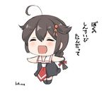 ahoge artist_name braid brown_hair chibi closed_eyes commentary_request dress hair_ornament kantai_collection kotanu_(kotanukiya) neckerchief open_mouth outstretched_arms red_neckwear sailor_dress shigure_(kantai_collection) simple_background solo spread_arms translation_request white_background younger 