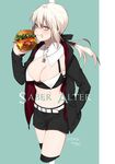  absurdres artoria_pendragon_(all) belt blonde_hair cropped_legs eating fate/grand_order fate/stay_night fate_(series) food food_on_face hamburger highres jacket jewelry kurono_yuu midriff necklace ponytail saber_alter shorts 