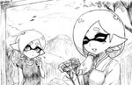  breasts commentary_request domino_mask flower greyscale highres hotaru_(splatoon) inkling japanese_clothes kimono mask medium_breasts monochrome mother_and_daughter multiple_girls ponytail splatoon_(series) takobe tentacle_hair twitter_username 