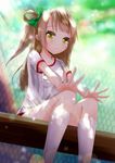  bad_id bad_pixiv_id bow collarbone day from_below green_bow gym_uniform hair_bow hands_on_own_knees highres kneehighs light_brown_hair long_hair looking_at_viewer love_live! love_live!_school_idol_project minami_kotori one_side_up outdoors parted_lips rokuroku_(xd_p) shirt short_sleeves sitting solo white_legwear white_shirt yellow_eyes 