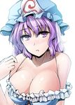  adapted_costume bangs bare_shoulders bikini breasts cleavage collarbone commentary_request frilled_bikini_top frills hat highres large_breasts lavender_eyes lavender_hair looking_at_viewer mob_cap parted_lips saigyouji_yuyuko short_hair solo swimsuit touhou triangular_headpiece upper_body y2 