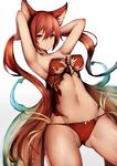 animal_ears armpits arms_up ass_visible_through_thighs bare_shoulders breasts bunching_hair bustier cerberus_(shingeki_no_bahamut) cleavage closed_mouth commentary_request cowboy_shot dog_ears groin hair_between_eyes inaba_sunimi long_hair looking_at_viewer medium_breasts navel panties red_eyes red_hair red_panties shingeki_no_bahamut smile solo stomach twintails underwear very_long_hair 