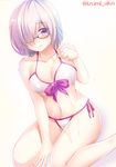  adapted_costume alternate_costume bikini blush breasts closed_mouth fate/grand_order fate_(series) glasses hair_over_one_eye izumi_akane kneeling large_breasts lips looking_at_viewer mash_kyrielight navel pink_hair purple_eyes short_hair side-tie_bikini simple_background solo strap_pull swimsuit swimsuit_of_perpetual_summer twitter_username white_background white_bikini 