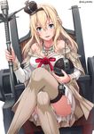  :d bare_shoulders blonde_hair blue_eyes braid breasts cleavage collarbone commentary crossed_legs crown dress eyebrows eyebrows_visible_through_hair french_braid hair_between_eyes hairband jewelry kantai_collection large_breasts long_hair mini_crown necklace off_shoulder open_mouth sakiyamama simple_background sitting smile solo thighhighs twitter_username warspite_(kantai_collection) white_background 