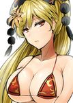  bangs bikini bikini_top blonde_hair breasts cleavage collarbone commentary_request flower hair_flower hair_ornament halterneck hat highres junko_(touhou) large_breasts lily_(flower) lips long_hair looking_at_viewer micro_bikini orange_flower parted_lips red_eyes shiny shiny_skin solo swimsuit touhou upper_body y2 