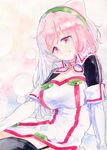  blush breasts cleavage colored_pencil_(medium) commentary_request gloves hacka_doll hacka_doll_2 highres large_breasts long_hair looking_at_viewer moko-oxygen pink_eyes pink_hair smile solo thighhighs traditional_media watercolor_(medium) 