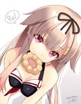  atori black_bow black_ribbon black_swimsuit blonde_hair bow doughnut food food_in_mouth grey_background hair_flaps hair_ornament hair_ribbon hairclip kantai_collection long_hair looking_at_viewer mouth_hold poi pon_de_ring red_eyes remodel_(kantai_collection) ribbon signature simple_background solo speech_bubble straight_hair swimsuit twitter_username yuudachi_(kantai_collection) 